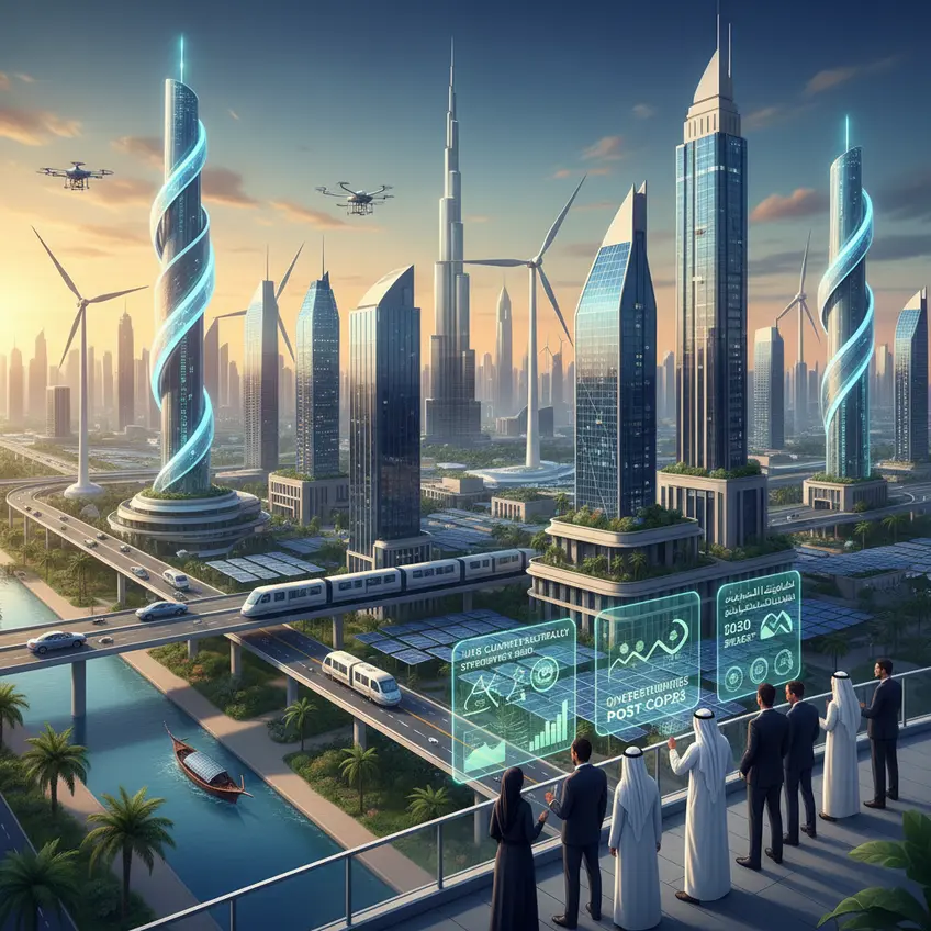 مدينة دبي المستقبلية المستدامة مع مبانٍ خضراء وتكنولوجيا ذكية