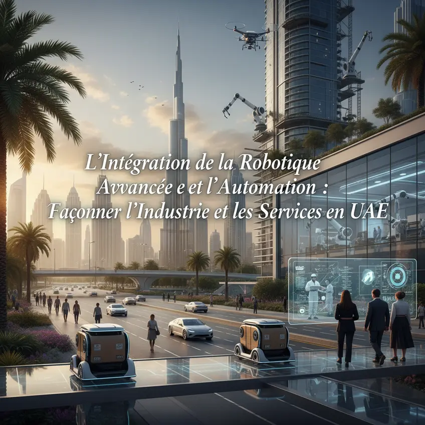 Un robot humanoïde interagissant avec des écrans tactiles futuristes, symbolisant l'intégration de la robotique dans les services modernes en UAE