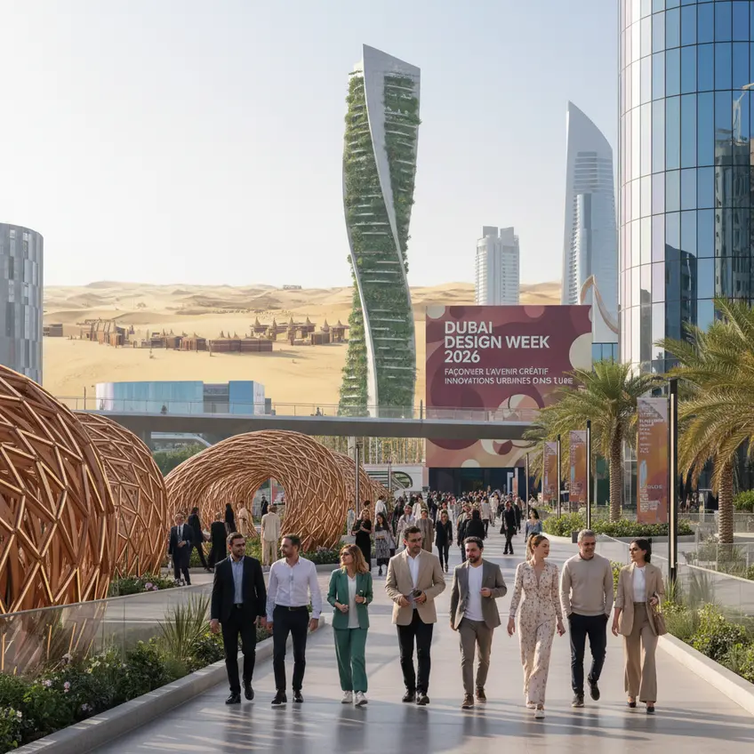 A dynamic view of Dubai Design Week, showing modern art installations and a crowd interacting with innovative design, symbolizing the UAE's creative energy.