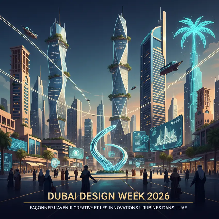 A futuristic exhibition hall at Dubai Design Week, featuring interactive screens, luminous designs and visitors exploring innovative installations, illustrating technological trends in design.