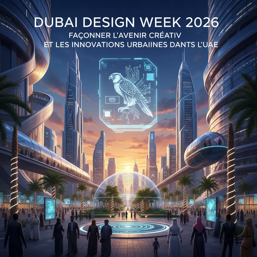 A vibrant aerial view of Dubai Design District (d3), showing its modern architecture, green spaces and lively atmosphere, illustrating a thriving creative district in the UAE.