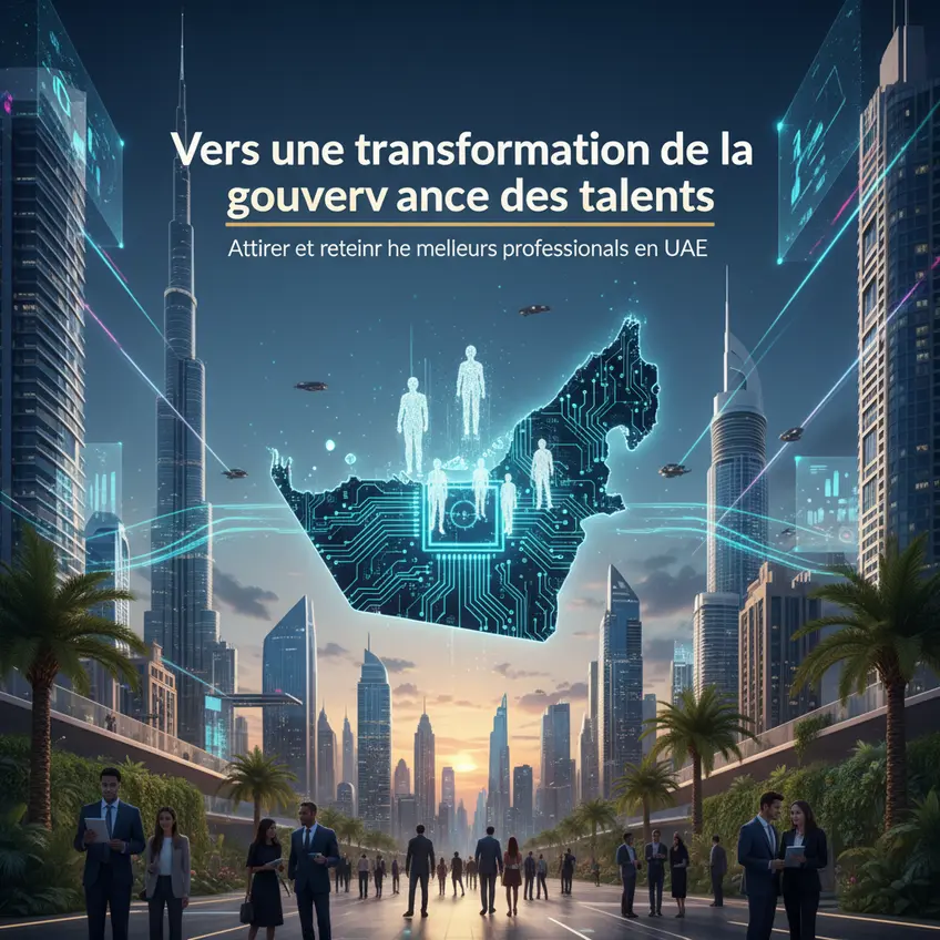 Illustration des tendances du marché du travail aux UAE, avec des graphiques de croissance pour les compétences technologiques et le travail flexible.