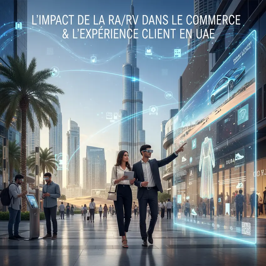A customer uses augmented reality to visualize a product in a modern retail environment in the UAE.
