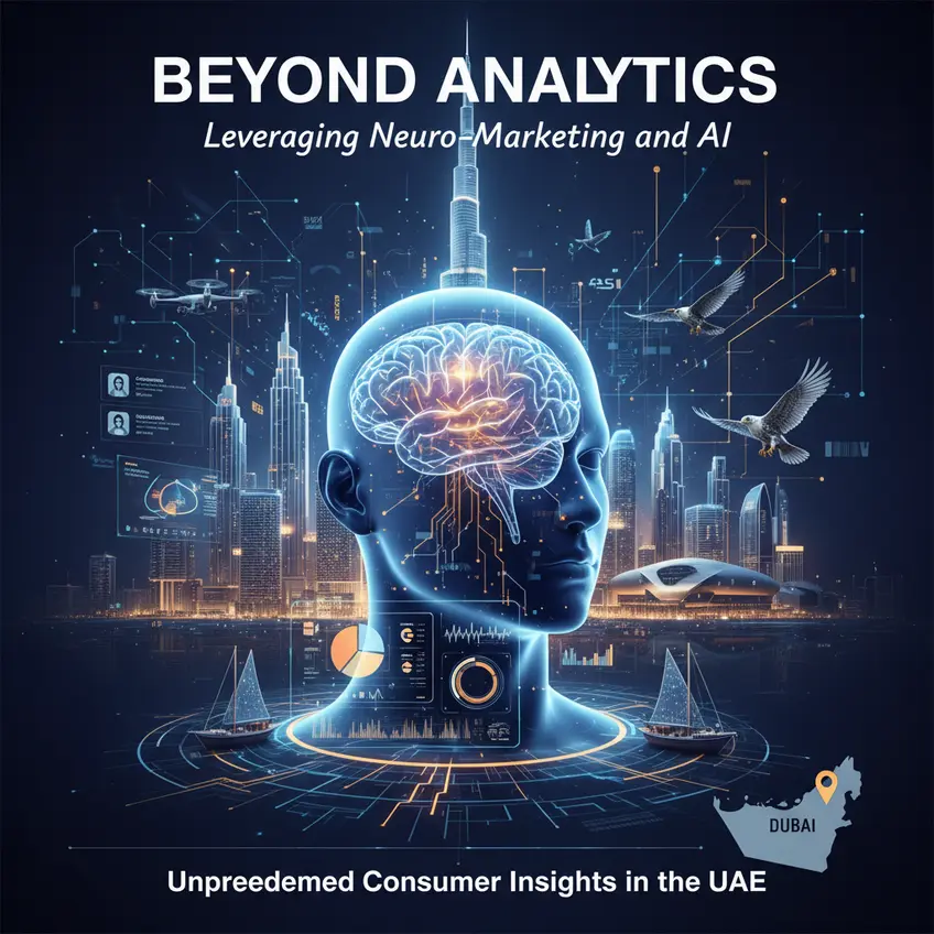 A futuristic cityscape of Dubai with glowing data streams and neural pathways overlaid, depicting advanced AI and neuro-marketing insights transforming the urban landscape.