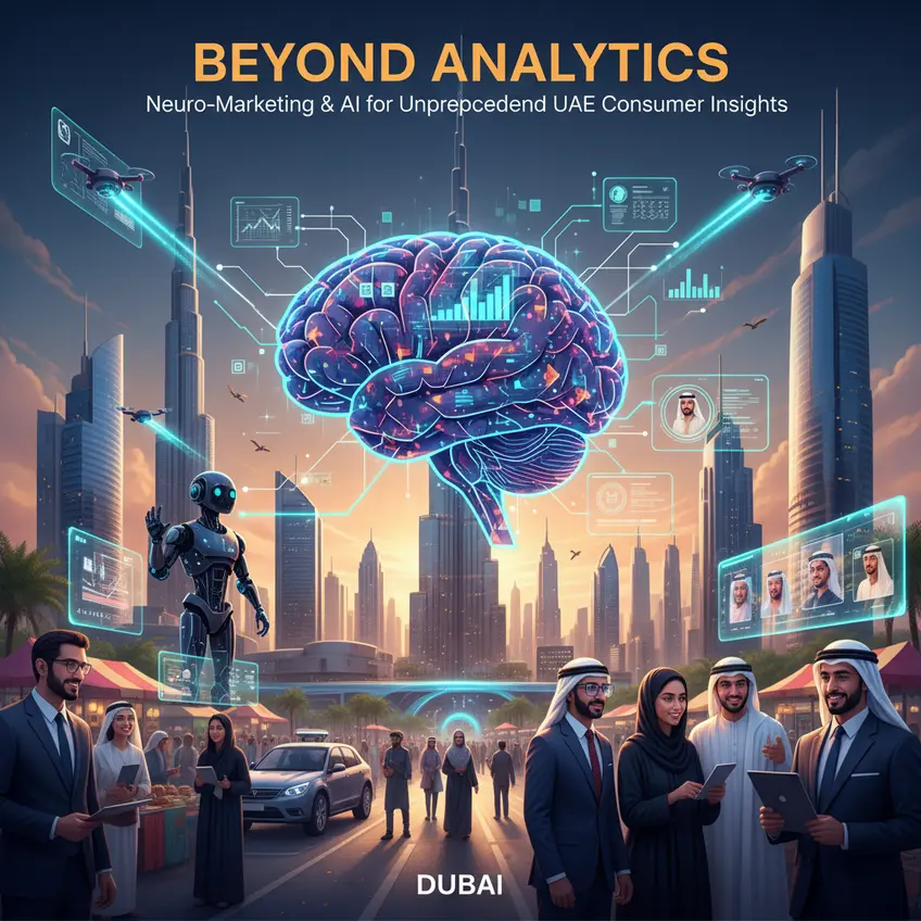 A futuristic brain interface connecting with a data visualization dashboard, illustrating seamless integration of neuro-marketing and AI insights in a business context.