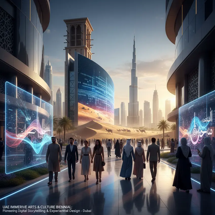 Visitors interacting with an immersive digital art installation at the UAE Biennial