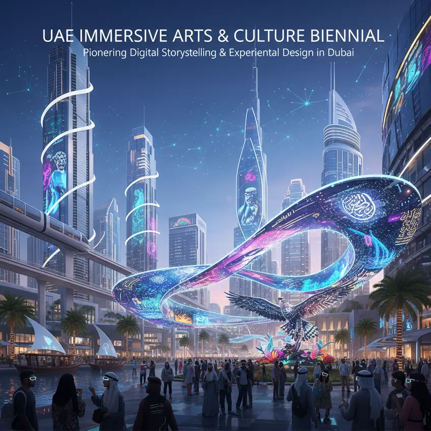 People exploring a multi-sensory art exhibition with augmented reality elements in Dubai