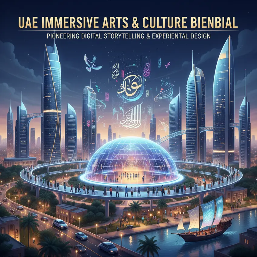 Visitors engaging with a futuristic interactive art display at a UAE cultural event