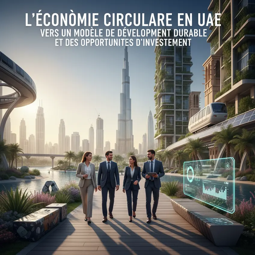 Infographic explaining the fundamental principles of the circular economy in the UAE, showing waste reduction, recycling and material reuse.