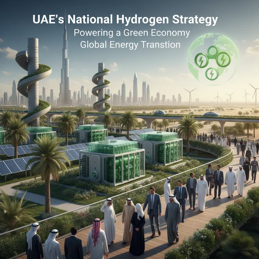 UAE hydrogen production facility with solar panels in the background, symbolizing green energy transition and innovation.