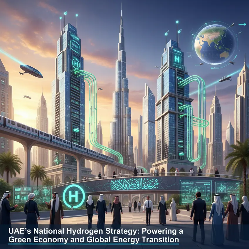 Architectural rendering of a modern sustainable building in Dubai, showcasing integration of green technology and futuristic design.