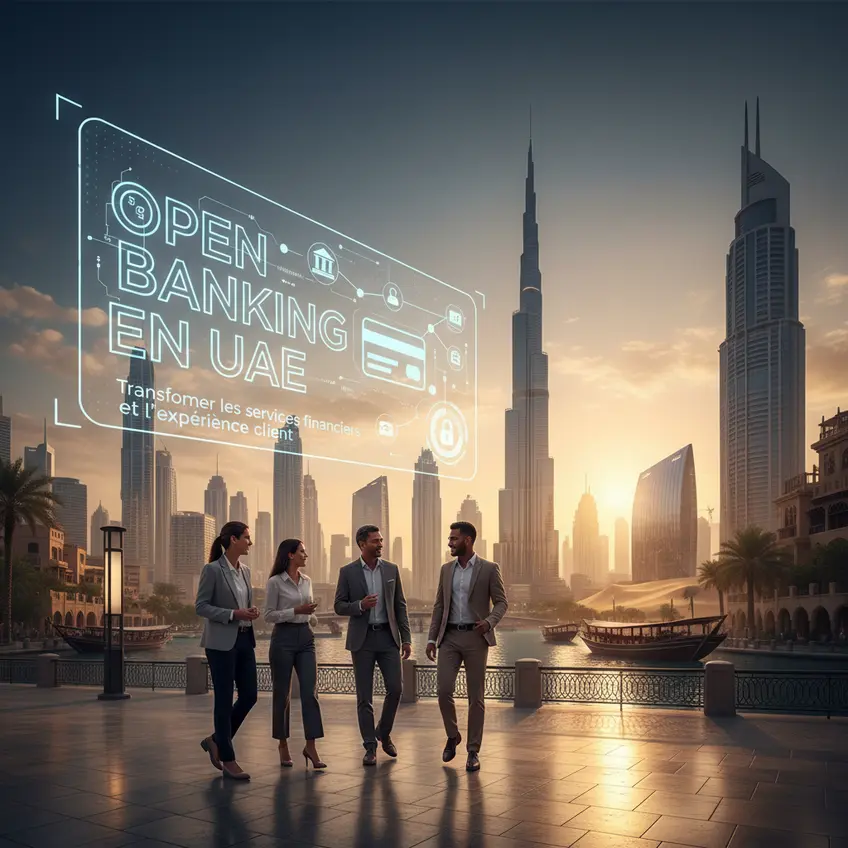 An abstract graphic representing digital connections and data flows, symbolizing Open Banking and financial innovation in the UAE.