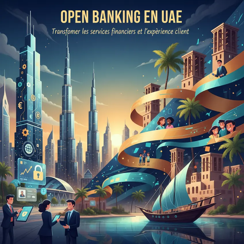 A visual representation of financial data connecting between different banking and mobile app icons, highlighting the connectivity of Open Banking in the UAE.