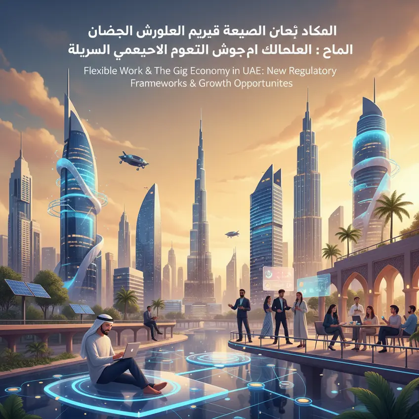 فريق عمل متنوع يعرض أفكاره في بيئة مكتبية حديثة بمدينة دبي، يمزج بين العمل المكتبي والعمل المرن
