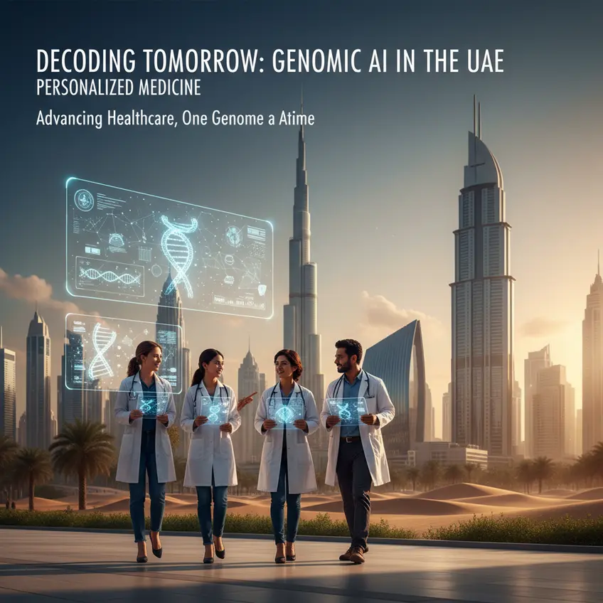 An abstract representation of DNA strands intertwining with digital data streams, symbolizing genomic AI in healthcare within the UAE's modern skyline.