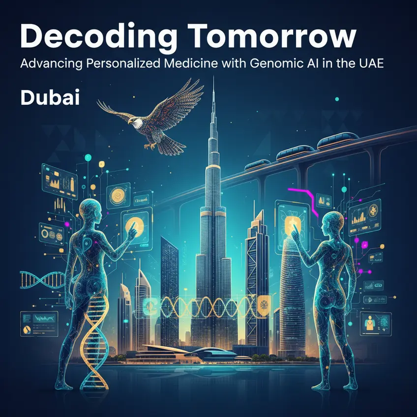 A graphic showing interconnected data points forming a human silhouette, illustrating the intricate network of genomic data analyzed by AI to predict health outcomes in the UAE.