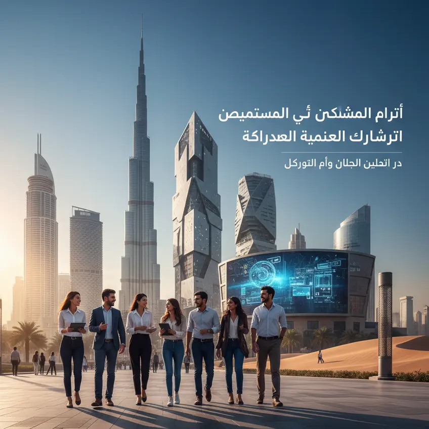مشهد إبداعي رقمي يعكس الابتكار في دبي، مع رسومات ثلاثية الأبعاد تعبر عن صناعة الألعاب والمحتوى الرقمي المزدهرة.