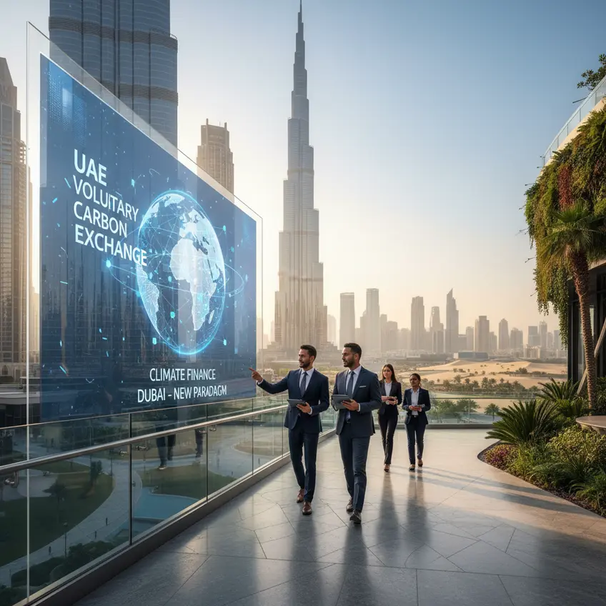 An illustrative image of a thriving green city skyline at dusk, with digital carbon credit symbols overlayed, representing the future of climate finance in the UAE.