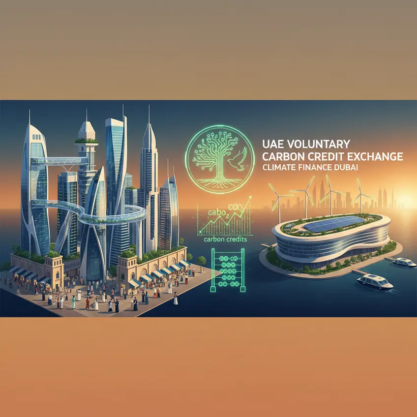 A bustling urban landscape in Dubai, showcasing modern infrastructure and green initiatives, with a transparent overlay of data analytics related to carbon footprint reduction.