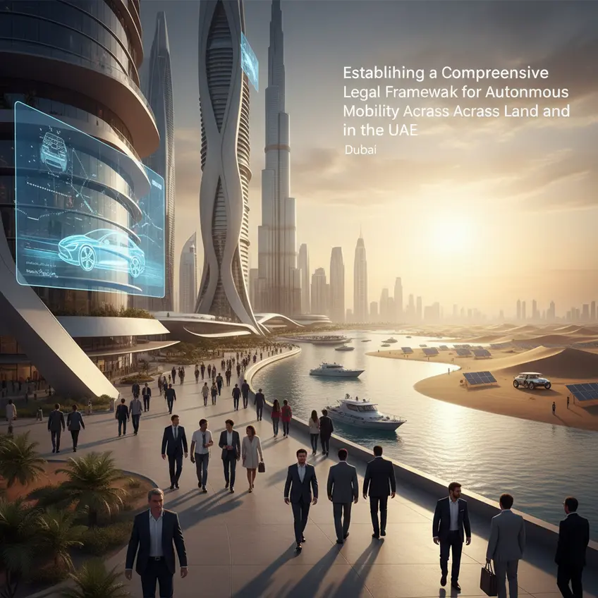 An advanced autonomous vehicle navigating a smart city road in Dubai, showcasing seamless integration with urban infrastructure and digital systems. The image highlights the intersection of technology and legal frameworks in the UAE's smart city vision, emphasizing safety and efficiency in autonomous land transport.