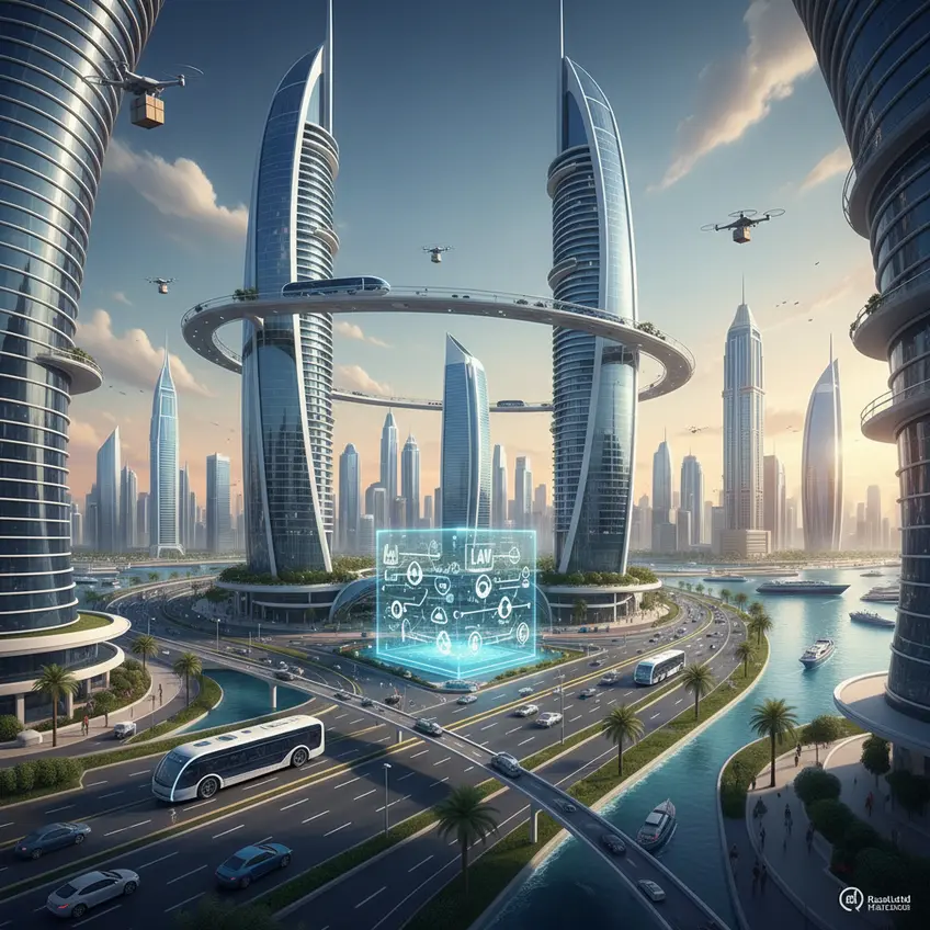 A futuristic port in the UAE with autonomous cargo ships navigating alongside smart cranes and automated logistics systems, emphasizing the integration of AI and 5G in marine autonomous surface ships (MASS) for efficient supply chain management and port operations.