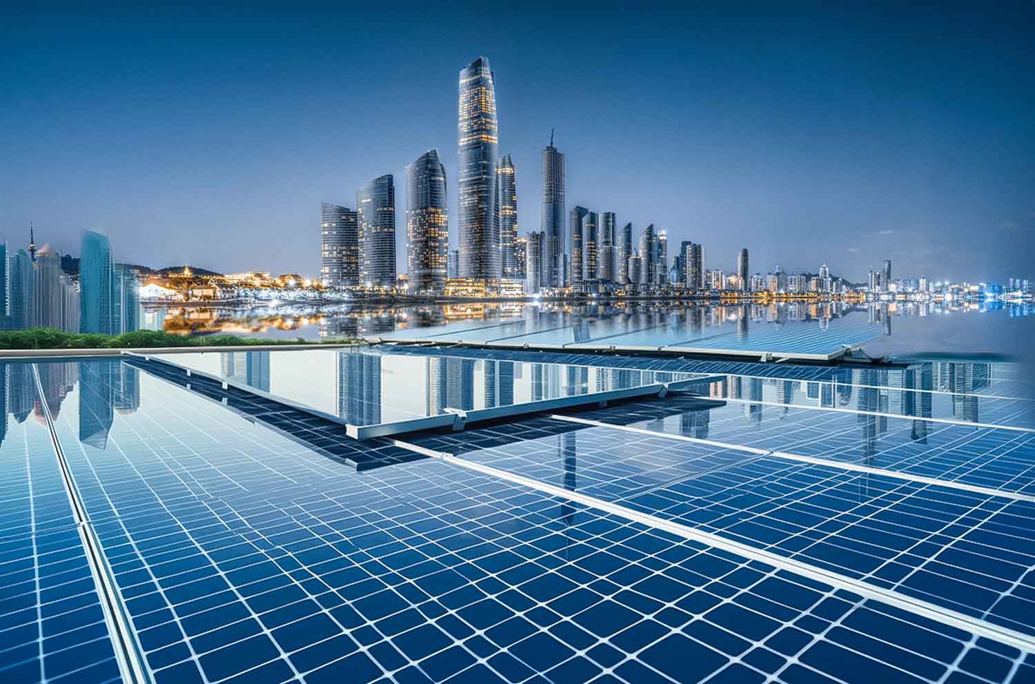 Architectural rendering of a modern building with integrated solar panels, showcasing best practices
