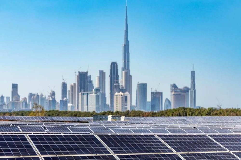 Solar panels on a modern building in Dubai, symbolizing Net Zero Energy design